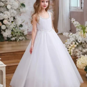 Floral Girl's White Lace Tulle Elegant Dress